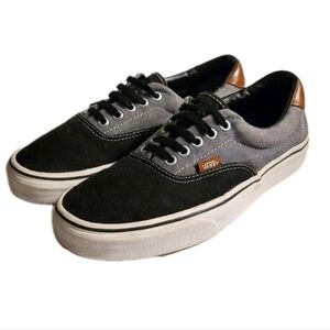 Vans Era Low-Top Skate Shoes Grey Black Canvas Brown Leather Heel Men's 8.5